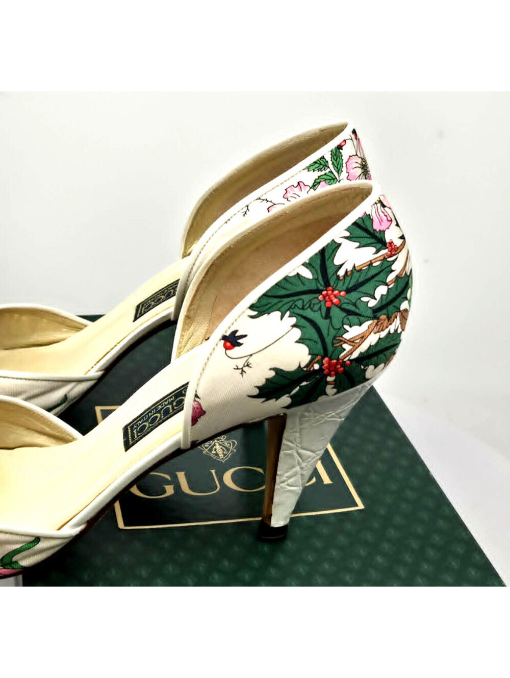 Vintage Gucci Flora Pumps 37.5 7.5 Floral Heels 1980s Italy w Box - Picture 9 of 16